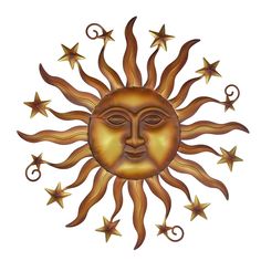 a sun with many stars around it and the face of a man's head