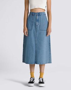 Mid-rise Cotton Cargo Skirt With Pockets, Washed Blue Bottoms With Patch Pockets, Workwear Cotton Denim Skirt In Medium Wash, Medium Wash Cotton Denim Skirt For Work, Workwear Denim Skirt In Medium Wash, Cotton Denim Skirt In Medium Wash For Work, Mid-rise Medium Wash Cotton Skirt, Mid-rise Cotton Skirt In Medium Wash, Mid-rise Denim Skirt With Pockets