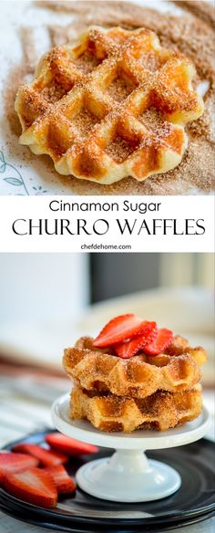 cinnamon sugar churro waffles on a plate with strawberries