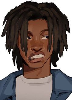 a drawing of a man with dreadlocks on his head, looking at the camera