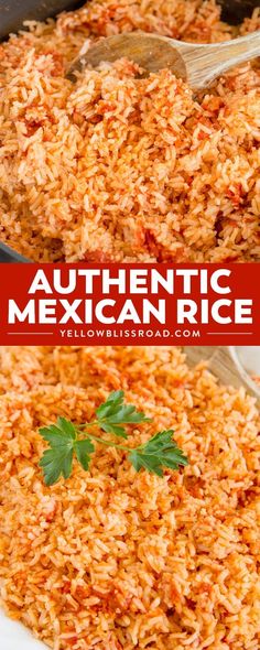 mexican rice in a skillet with wooden spoons and red text that reads authentic mexican rice