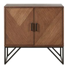 a wooden cabinet with two doors and metal legs