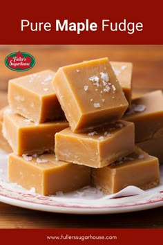 some pieces of fudge are stacked on top of each other with the words, pure maple fudge