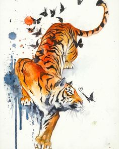 a watercolor painting of a tiger and butterflies