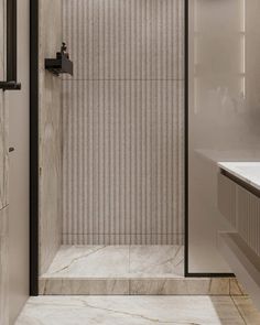 a walk in shower sitting next to a white sink under a faucet mounted on a wall