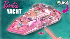 a pink boat floating on top of the ocean next to a pier with stairs leading up to it