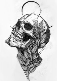 a pencil drawing of a skull with leaves on it's head and an arrow in the middle