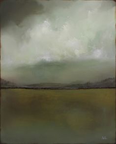 an oil painting of a large body of water with clouds in the sky above it