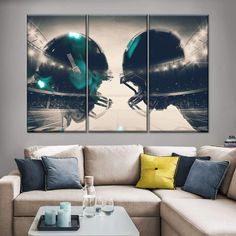 two football helmets in the middle of a living room