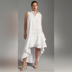 All White Asymmetrical Dress, Perfect For Your Next All-White Party, Brunch, Or Just Because. Cotton Button Front Machine Wash Imported Falls 39.25" From Shoulder Anthropologie Fall, Ruffle Hem Dress, Fall 2023, Button Down Dress, Maxi Wrap Dress, Faux Wrap Dress, Anthropologie Dress, Ruched Dress, Tee Dress