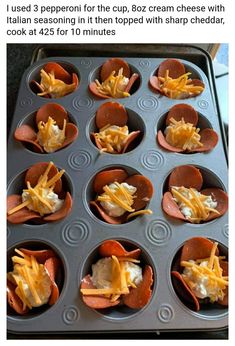 a muffin tin filled with cupcakes covered in cheese