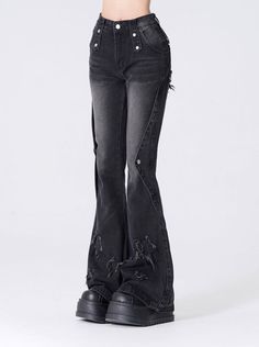 Aesthetic Black Jeans, Acubi Jeans, Black Flared Jeans Outfit, Edgy Pants, Aesthetic Pants, Cool Pants, Bell Pants, Clothes Pants, Cute Pants