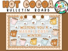 hot cocoa bulletin board with coffee mugs and snowflakes