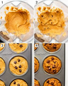 steps to make pumpkin chocolate chip muffins in a muffin tin, then being baked