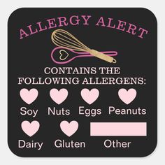 an allergy alert sticker with hearts and whisks