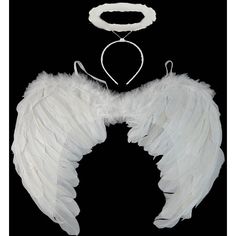 an angel wings and halo hanging from a string on a black background with space for text