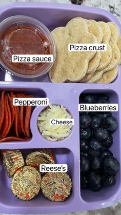 a purple tray filled with different types of food