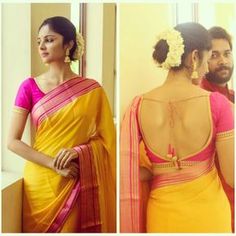 Yellow Saree With Pink Border, Yellow Saree With Red Border, Blouse Back Designs For Silk Sarees, Yellow Saree Pink Blouse Designs, Yellow Saree With Pink Blouse, Kanjeevaram Blouse Designs, Yellow Pink Saree, Yellow And Pink Saree, Blouse Design For Silk Saree