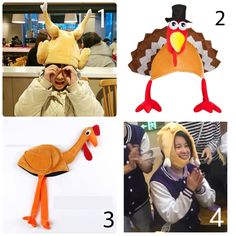 four pictures of people wearing thanksgiving costumes and hats with turkeys on them, one in the foreground