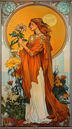 a painting of a woman in an orange dress holding flowers and looking at the sun