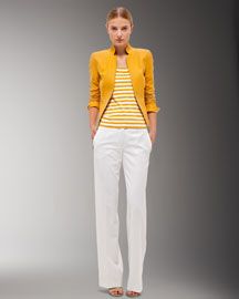 Akris Punto Leather High-Collar Jacket & Striped Scoop-Neck Top High Collar Jacket, Yellow Blazer, Akris Punto, Top Design Fashion, Scoop Neck Top, Mellow Yellow, Retail Therapy, High Collar, Colorful Fashion