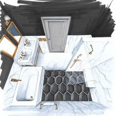 this is a drawing of a bathroom with black and white tile on the floor, walls and ceiling