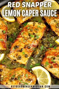 red snapper lemon caper sauce in a cast iron skillet