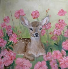 a painting of a deer surrounded by pink flowers