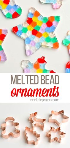 homemade melted bead ornaments with text overlay that says melted bead ornaments