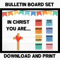 bulletin board with the words in christ you are and a cross on it that says bulletin board set