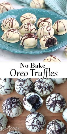 no bake oreo truffles on a blue plate