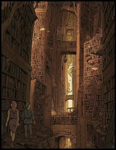 two people are walking through an old library with bookshelves full of books on the shelves