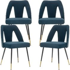 three blue velvet chairs with gold legs