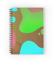 a spiral notebook with an abstract design in blue, green and pink colors on the cover