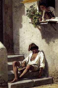 a painting of a man sitting on some steps