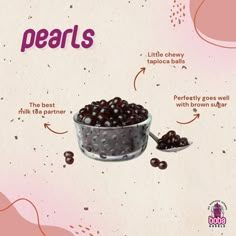 a bowl full of blackberries with the words pearls in it and instructions on how to use them