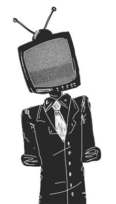 a black and white drawing of a tv wearing a suit