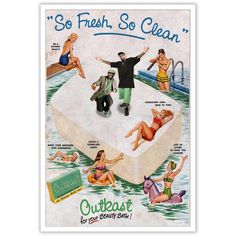 an old advertisement from the 1950's shows men and women in swimsuits