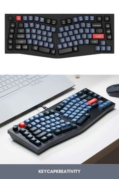 the keyboard is black and blue with red keys