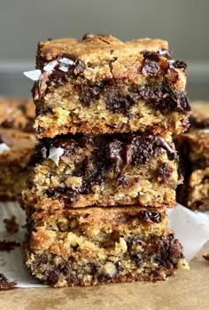 chocolate chip cookie bars stacked on top of each other