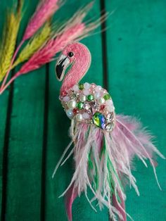 This flamingo brooch is handmade for you! It can be great gift for your friend or for yourself. Beaded Flamingo, Flamingo Brooch, Beads Brooch, Vintage Rhinestone Jewelry, Brooch Diy, Brooch Handmade, Unique Christmas Gift, Bird Pins, Embroidered Gifts