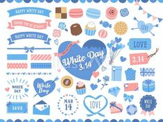 a big set of white day stickers on a blue and pink background with hearts, balloons