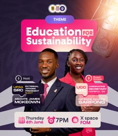 the poster for education for sustainability with two people in front of a microphone and speakers