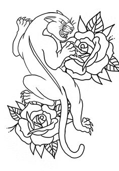 a black and white drawing of a cat with roses