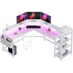 a computer desk with three monitors on it