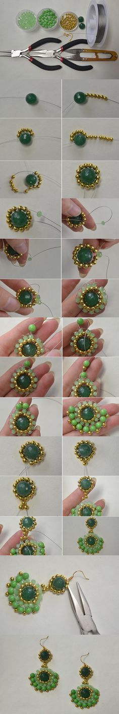 the process of making green and gold beaded bracelets is shown in multiple stages