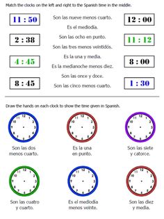 the worksheet for telling time in spanish with numbers and clocks on each side