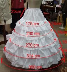 a dress size chart with measurements for the skirt and bustle on display in front of mannequins