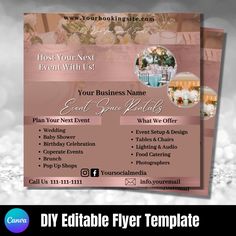 a flyer for a business event with flowers on the front and side, in pink tones