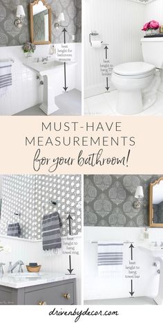 the bathroom is decorated in white and gray with text that says must have measurements for your bath